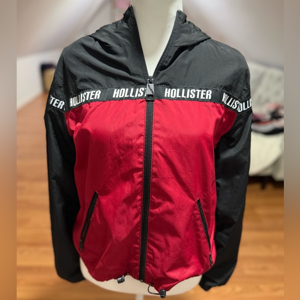 Hollister Black and Red Hooded Windbreaker Jacket